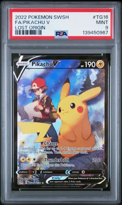 2022 POKEMON SWORD & SHIELD LOST ORIGIN #TG16 FULL ART/PIKACHU V PSA 9 - Image 1