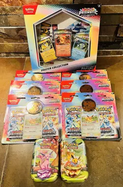 Pokemon Prismatic Evolutions Lot! Poster (1), 2-pack Booster (6), Mini Tins (2) - Image 1