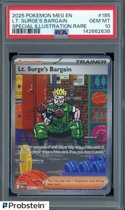 2025 Pokemon MEG EN #185 Lt. Surge's Bargain Special Illustration Rare PSA 10 - Image 1