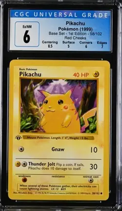 Pokemon Pikachu Shadowless 1999 Base Set - 1st Ed. 58/102 Red Cheeks CGC 6 - Image 1