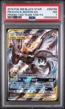 PIKACHU & ZEKROM GX Sun & Moon Tag Team Promo #SM168 PSA 7 Pokemon - Image 1