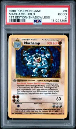 1999 POKEMON GAME 1ST ED-SHADOWLESS #8 MACHAMP-HOLO PSA 2 - Image 1
