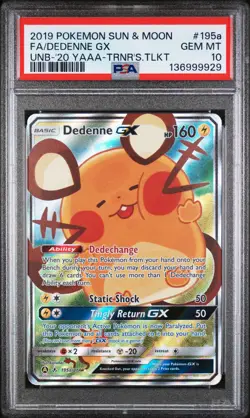 2019 POKEMON SUN & MOON UNBROKEN BONDS #195A FULL ART/DEDENNE GX PSA 10 - Image 1