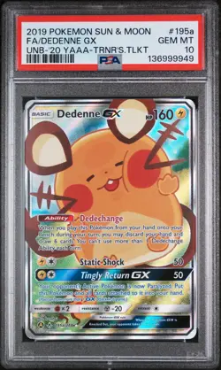 2019 POKEMON SUN & MOON UNBROKEN BONDS #195A FULL ART/DEDENNE GX PSA 10 - Image 1