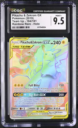 CGC 9.5 Pikachu & Zekrom GX 2019 Team Up 184/181 Rainbow Rare Holo Pokemon Card - Image 1