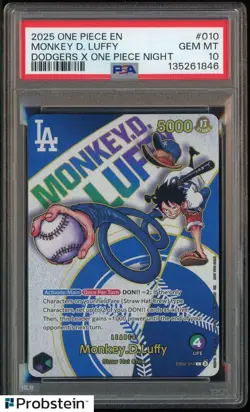 2025 One Piece EN Dodgers X One Piece Night #010 Monkey D. Luffy PSA 10 GEM MINT - Image 1