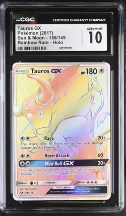 Pokemon Tauros GX 2017 Sun & Moon 156/149 Rainbow Rare Holo CGC 10 - Image 1