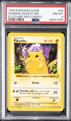 1999 POKEMON GAME E3 STAMP-RED CHEEKS #58 PIKACHU PSA 8 - Image 1