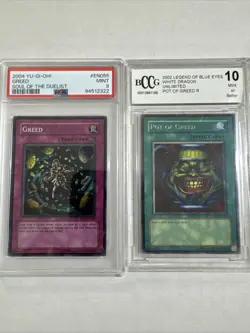 2004 YU-GI-OH! GREED SOD #EN055 PSA 9 Pop.5 and 2002 Pot Of Greed BCCG 10 - Image 1