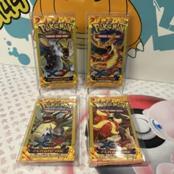 Pokemon XY Flashfire 3 Card Booster Pack Art Set Factory Sealed (4 Packs) +case - Image 1
