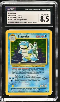 CGC 8.5 NM/MINT+ No Stage Error Blastoise 1999 Base Set 2/102 Holo Pokemon Card - Image 1