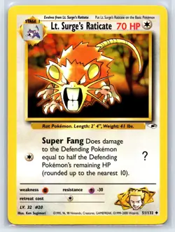 LT. SURGE’S RATICATE - Gym Heroes Set - 51/132 - Uncommon - Pokemon Card - NM - Image 1