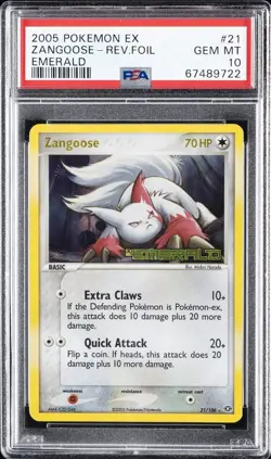 2005 POKEMON EX EMERALD #21 ZANGOOSE-REVERSE FOIL PSA 10 - Image 1