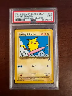 Pokemon League Black Star Surfing Pikachu Promo #28 PSA9 Cert # 68473798 - Image 1