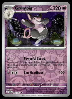 Grumpig 91/197 Pokemon Card Obsidian Flames Uncommon 120 HP Rev Holo NM RW - Image 1