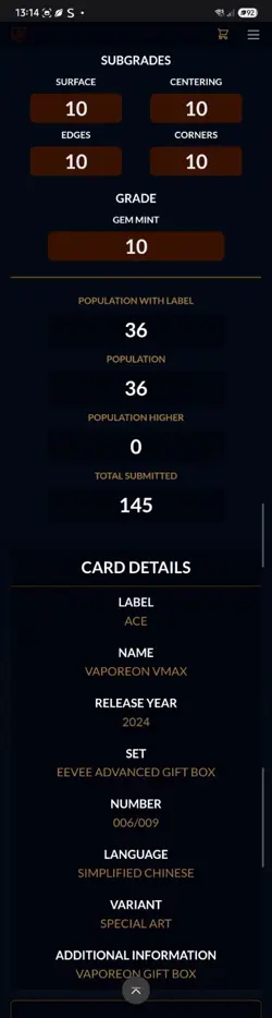 Ace 10 Perfect Subgrades Vaporeon VMAX Pokemon Simplified Chinese 006/009 - Image 3