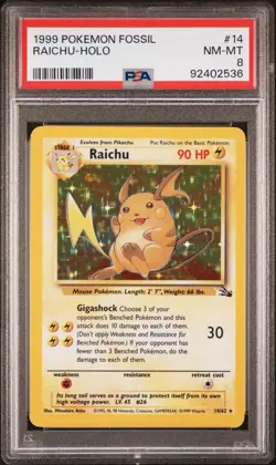 Pokemon Raichu 14/62 PSA 8 NM-MT Fossil Unlimited Holo Rare 1999 WOTC - Image 1