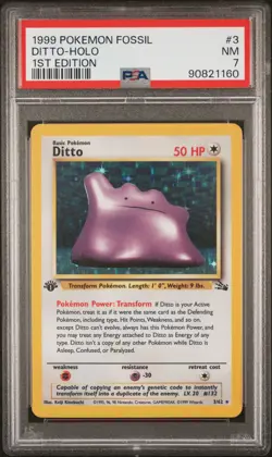 1999 POKEMON FOSSIL 1ST ED #3 DITTO-HOLO PSA 7 - Image 1