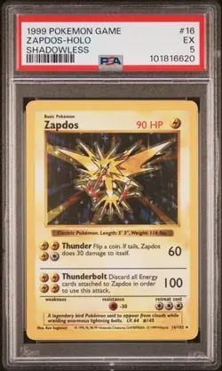 1999 POKEMON GAME #16/102 ZAPDOS HOLO SHADOWLESS Base Set PSA 5 - Image 1