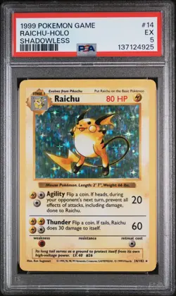 1999 POKEMON BASE SET SHADOWLESS #14 RAICHU-HOLO PSA 5 - Image 1