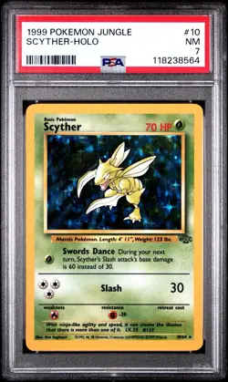 1999 Pokemon Jungle Scyther Holo #10 – PSA 7 NM – WOTC Vintage - Image 1