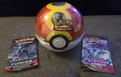 Pokemon Poke Ball Tin w/ Fusion Strike & Temporal Forces Booster Packs Sealed - Image 1