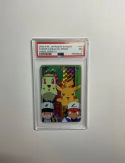 2000 Pokemon Japanese Carddass 2000 #13 Chikorita & Pikachu Prism Card PSA 7 - Image 1