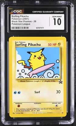 CGC 10 GEM MINT Surfing Pikachu 2001 Black Star Promos 28 Pokemon Card - Image 1