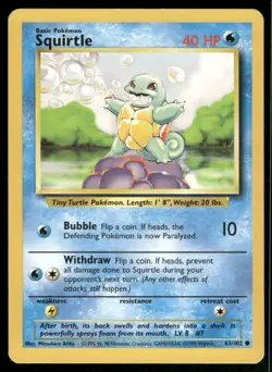 Squirtle 1999 Base Set Unlimited WOTC Vintage Pokemon Card 63/102 (LP) - Image 1