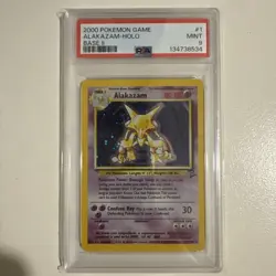 POKEMON PSA 9 MINT 2000 BASE SET 2 GAME ALAKAZAM HOLO 1/130 RARE WOTC CARD - Image 1