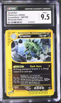 CGC 9.5 MINT+ Tyranitar 2002 Expedition 66/165 Reverse Holo Pokemon Card - Image 1
