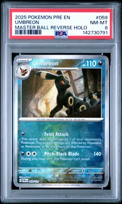 2025 POKEMON PRE EN-PRISMATIC EVOLUTIONS MASTER BALL REVERSE HOLO UMBREON PSA 8 - Image 1