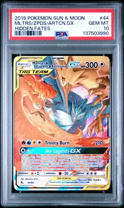 2019 POKEMON SUN & MOON HIDDEN FATES #44 MOLTRES & ZAPDOS & ARTICUNO GX PSA 10 - Image 1