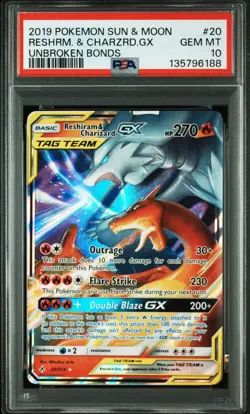 2019 POKEMON SUN & MOON UNBROKEN BONDS 20/214 RESHIRAM & CHARIZARD GX PSA 10 - Image 1