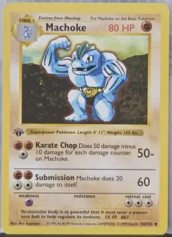 Vintage Pokemon TCG Base Set WoTC Machoke 1st Edition Shadowless Card #34/102 - Image 1