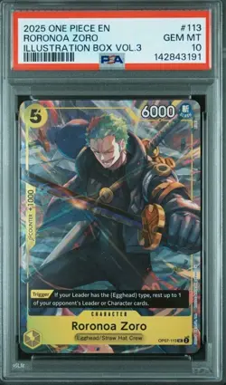 2025 ONE PIECE PROMOS ILLUSTRATION BOX VOL.3 #113 RORONOA ZORO PSA 10 - Image 1