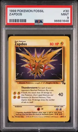1999 Pokemon Fossil Unlimited Zapdos #30 PSA 9 MINT - Image 1