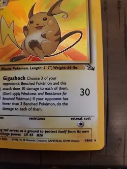 Pokemon TCG Raichu 14/62 First Edition Fossil Near Mint Quality - Image 4