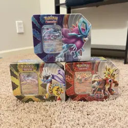 Pokemon Card 3 Tin set of Walking Wake, Gouging Fire, Raging Bolt 15 packs Total - Image 1
