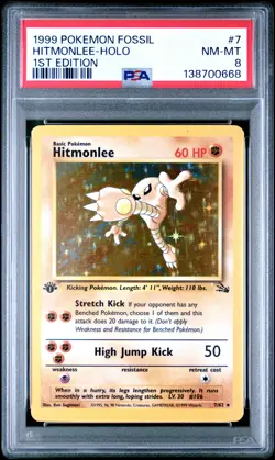 1999 POKEMON FOSSIL 1ST EDITION #7 HITMONLEE-HOLO PSA 8 - Image 1