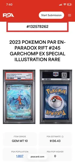 Pokemon Garchomp EX Card 245/182 Special Illustration Rare Paradox Rift PSA 10 - Image 1