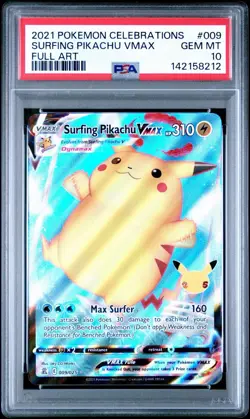 2021 Pokemon Celebrations 009 Surfing Pikachu VMAX Full Art PSA 10 - Image 1