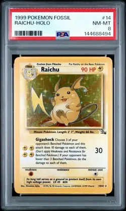 1999 Pokemon Fossil - Raichu #14 - Holo - NM/MT - PSA 8 - Image 1