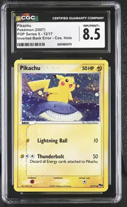 CGC 8.5 Pikachu 2007 POP Series 5 Holo 12/17 Inverted Back Error Pokemon Card - Image 1