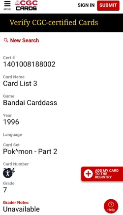 1996 Bandai Carddass Pokemon Card List 3 - Part 2 - No. 154 Japanese CGC 7 - Image 3