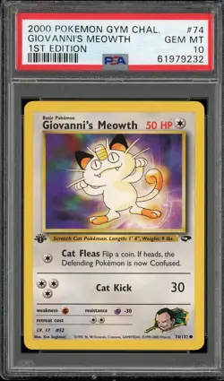 PSA 10 Giovanni's Meowth 1st Edition Gym Challenge 74/132 Pokemon Card - Image 1