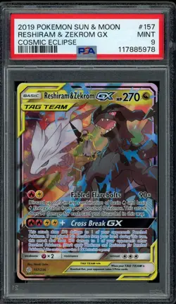 Pokemon PSA 9 Reshiram & Zekrom GX 157/236 Cosmic Eclipse Ultra Rare Near Mint - Image 1