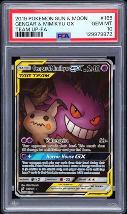 2019 POKEMON SUN & MOON TEAM UP #165 FULL ART/GENGAR & MIMIKYU GX PSA 10 - Image 1