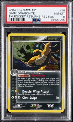 2004 POKEMON EX TEAM ROCKET RETURNS #15 DARK DRAGONITE-REVERSE FOIL PSA 8 - Image 1