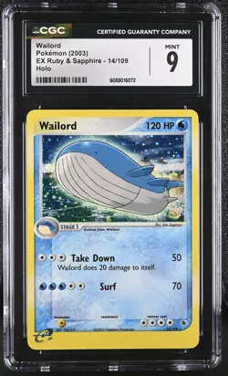 CGC 9 MINT Wailord 2003 EX Ruby & Sapphire 14/109 Holo Pokemon Card - Image 1